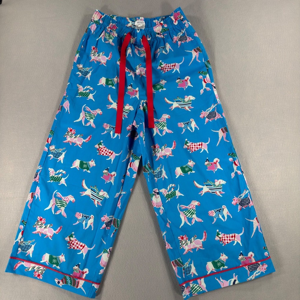 Mersea Blue Cotton Dog Print Pajama Pants XS Holiday Winter Dogs Lounge Wide Leg